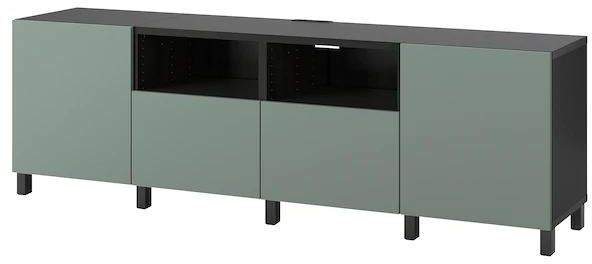 TV bench with doors and drawers, black-brown/Notviken/Stubbarp grey-green