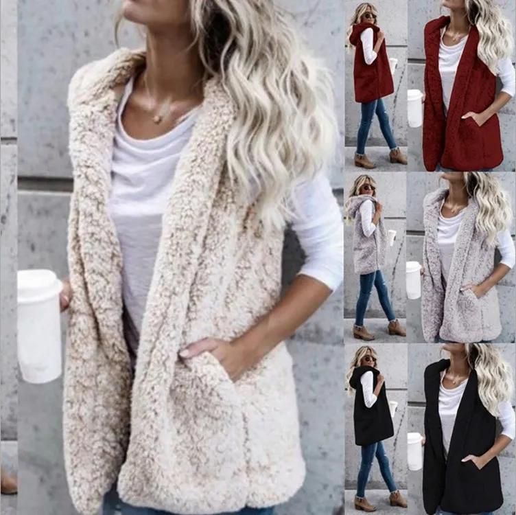large size women's fashion solid color sleeveless hooded pocket vest