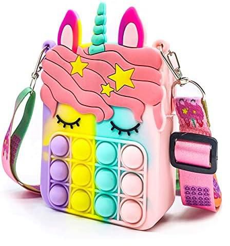 Azsure Lifestyle Rainbow Unicorn Sensory Fidget Bubble Poppers, Small Crossbody Shoulder Bag, Cute Colorful Pop It Purse School Supplies Gifts for Girls, Both A Toy & A Handbag Wallet