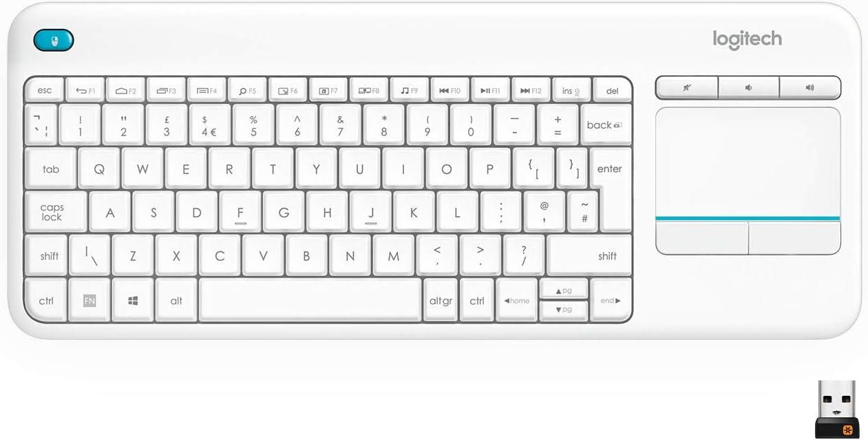 Logitech Wireless Touch Keyboard K400 Plus with Built-in Touchpad HTPC Keyboard for PC-connected TV Windows Android Chrome OS Laptop Tablet-White