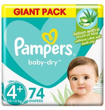 Baby Dry Diapers, Size 4+, 10 - 15 Kg, 74 Count - Giant Pack, Touch of Aloe Vera Lotion, All Around Protection