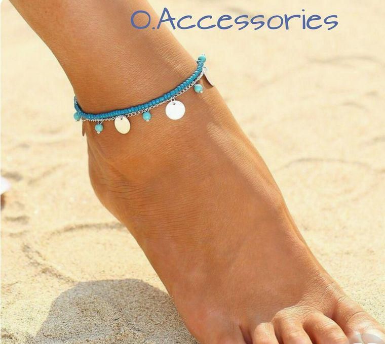 O Accessories Anklet Blue Beads _silver Chain _coins_turquoise Stones