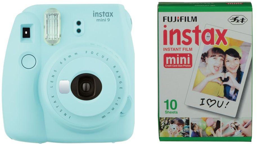 Fujifilm Instax mini 9 Instant Film Camera, Ice Blue With 1 Pack of Fujifilm Mini Film 10 Sheets
