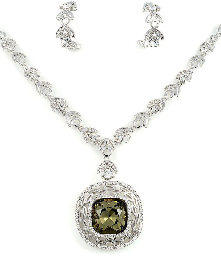 Swarovski Elements 18K White Gold Plated Circle Squared Pendant Leaf Chain Design Jewelry Sets - SWR-136
