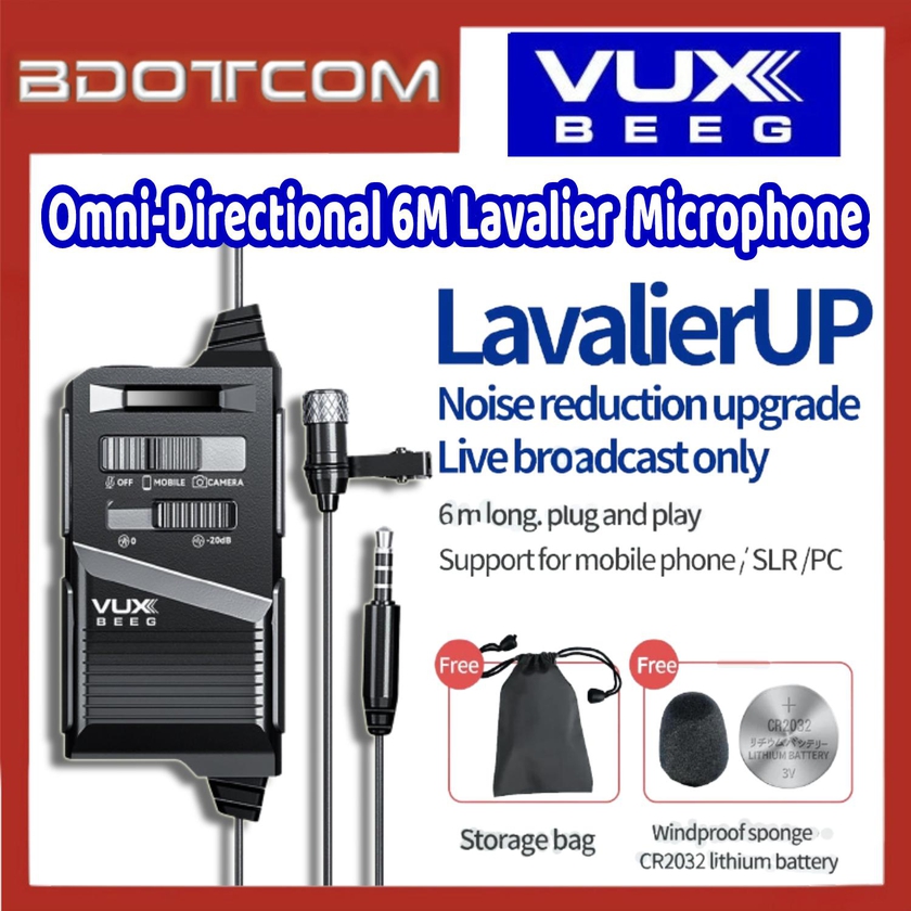VUXBEEG UP10 Omni-Directional 6M Lavalier Wired Clip Microphone