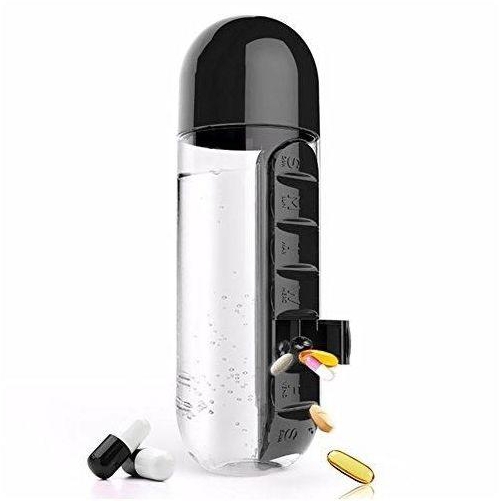 Generic Black Water Bottle With Built-In Daily Pill Box Organizer
