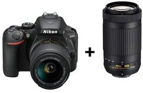 كاميرا نيكون رقمية بعدسة أحادية عاكسة سوداء طراز D5600 مع عدسة AF-P مقاس 18-55 مم وخاصية تقليل الاهتزاز+ عدسة AF-P مقاس70-300 مم.