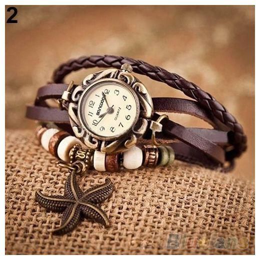 Bluelans Lady Vintage Multilayer Starfish Pendant Knitted Bracelet Analog Wrist Watch-Coffee
