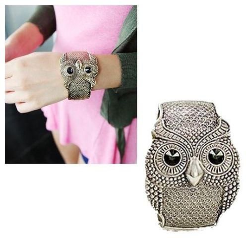 Eissely Retro Vintage Crystal Large Eye Owl Animal Cuff Wide Bangle Bracelet SL