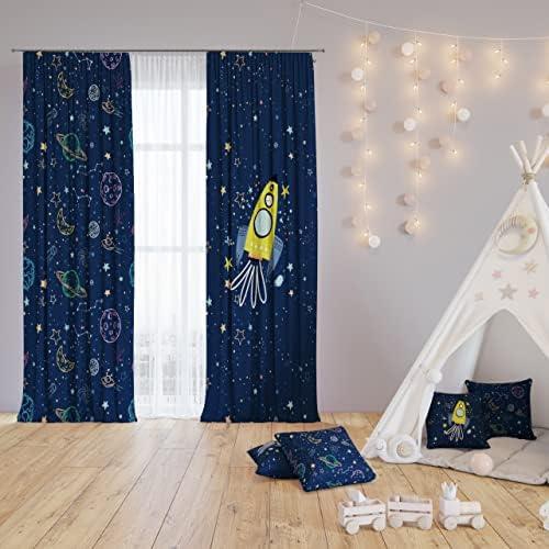 Karen Fabrics Rocketship to the Moon in Blue Curtain Panels (Set of 2 panels) each panel 135 cm width x 270 cm height - Silver Crommet