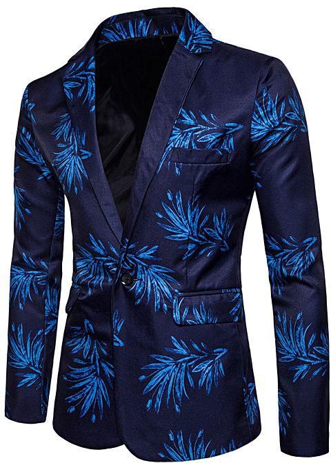 Fashion Male Lapel Floral Print Blazer - Blue