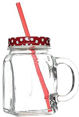 Pasabahce Jar Mug With Straw And Handle, Red White