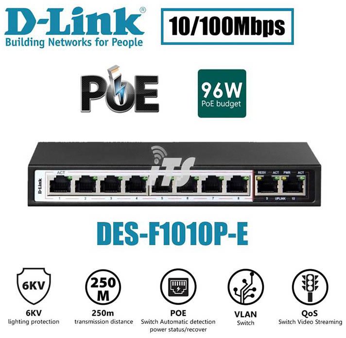 D-Link 250M 10-Port 100Mbps Switch with 8 PoE Ports and 2 Uplink Ports (DES-F1010P-E)