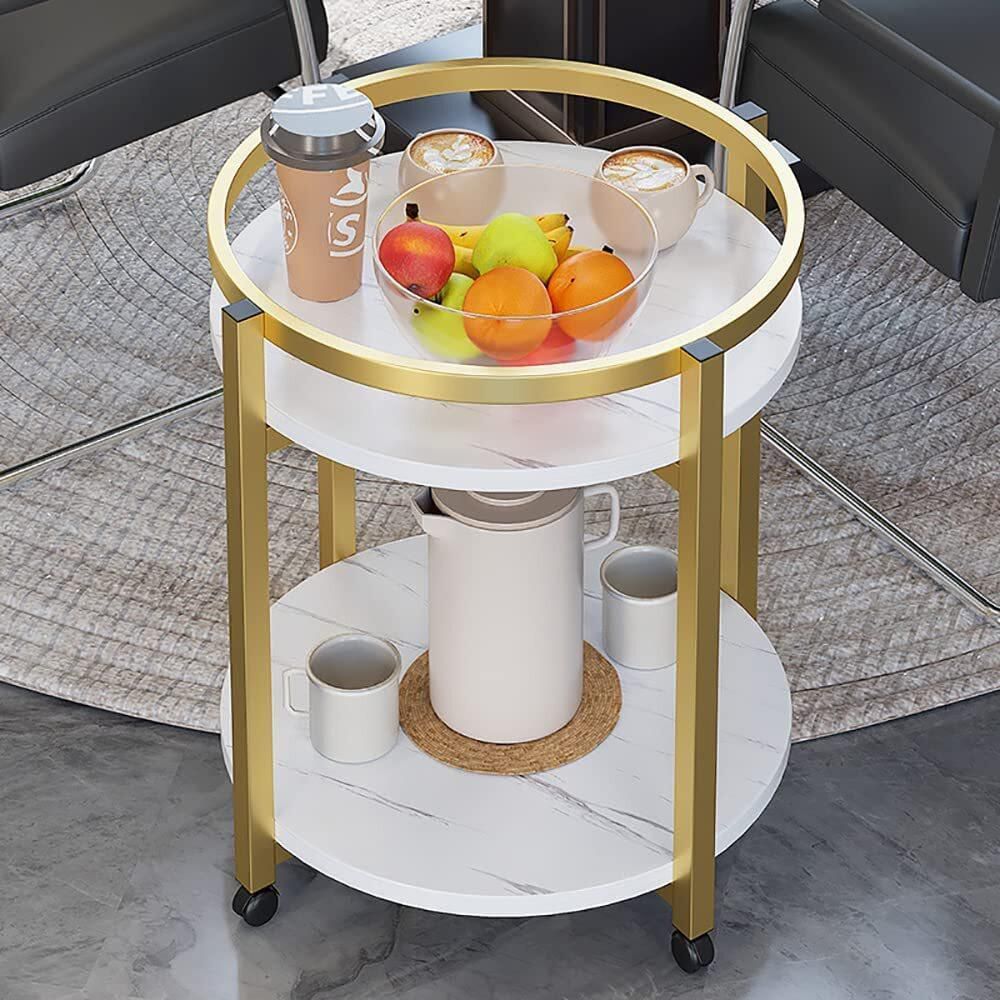 Double Layer Round End Table Marble Like Side Table Sofa Table Snack Table Bedside Table Small Coffee Table for Living Room Small Space, for Bedroom, for Patio, with wheels (White/Wheels)