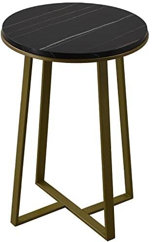 Dorriss Round End Tables, Small End Table Black Marble Texture MDF Top,Metal Frame Gold Color, Tall End Table for Bed Room,Coffee Tea End Table for Living Room (Black Marble+Gold)