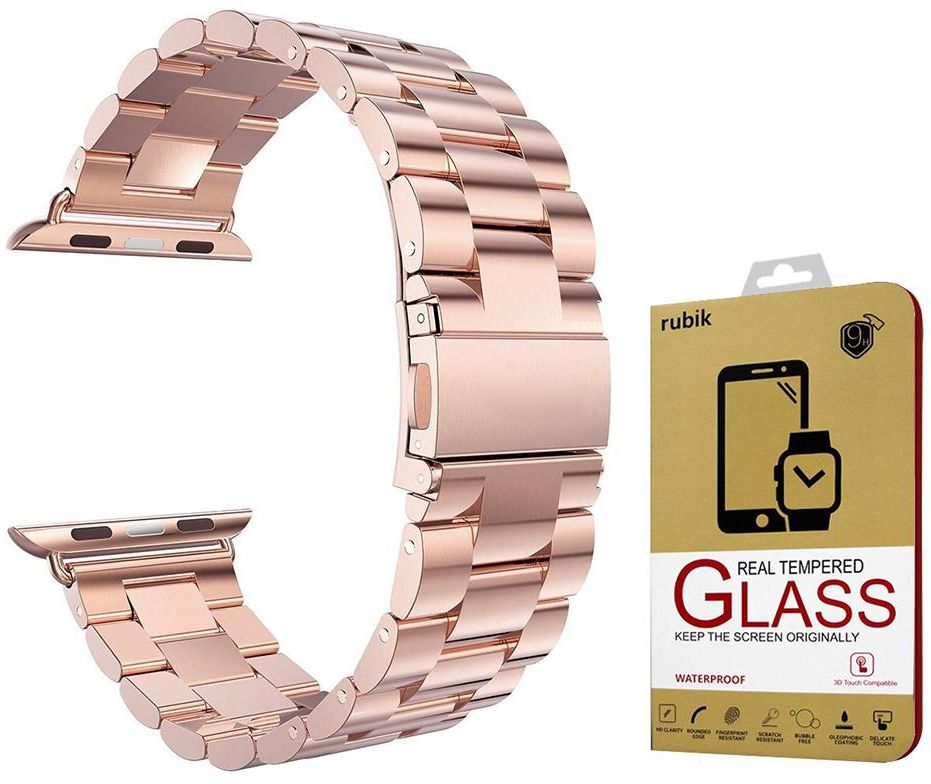 Apple iWatch 38mm - Classic 3Links Replacement Stainless Steel Band Strap Rose With Tempered Glass Screen Protector