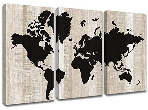ANGUSCPYS Canvas Black World Map Wood Wall Art Framed Large Painting for Living Room Office Modern Home Decor Old Abstract Map Theme Print Picture Artwork 3 Piece