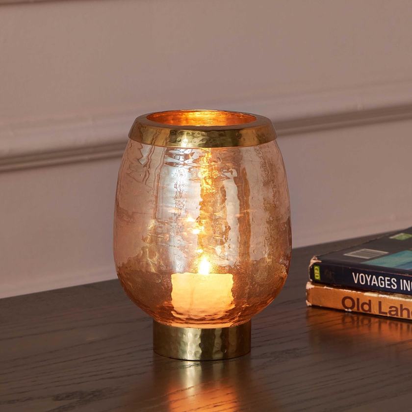Tagus Lustre Amber Glass Hurricane Candleholder with Steel Ring - 11x11x15 cm