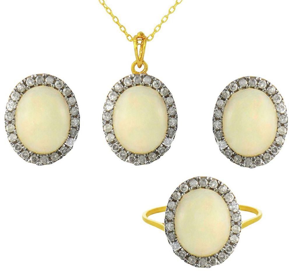 Vera Perla 18k Gold, 0.88Cts Diamonds, Oval Opal (3 pcs) Jewelry Set