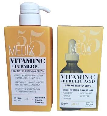 Medix 5.5 VITAMIN C & TURMERIC Cream LOTION + VITAMIN C, GLYCOLIC ACID & FERULIC Acid Facial SERUM. Firms, Brightens, Removes Wrinkles & Dark Spots.