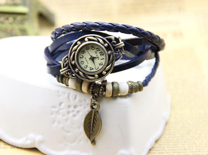 Vintage Style Quartz Blue Leather Strap With Leaf Pedant Watch For Women