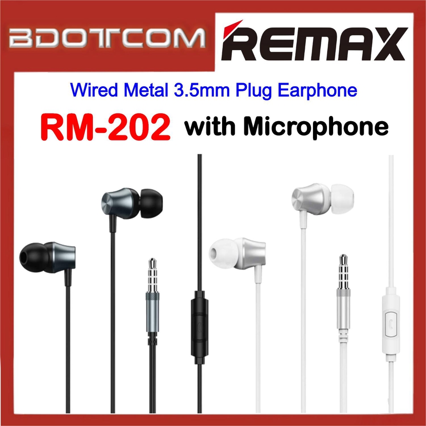 Remax RM-202 Wired Metal 3.5mm Plug Earphone with Microphone (Black - White)