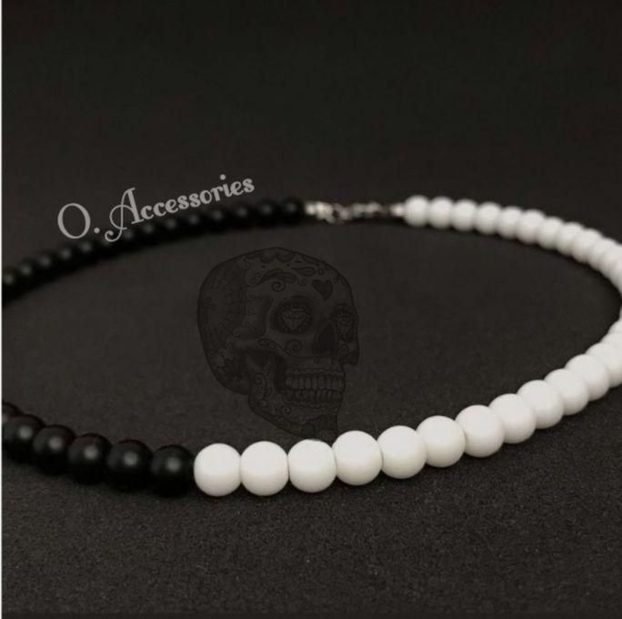 O Accessories Necklace For Men Black&white Stones _silver Metal