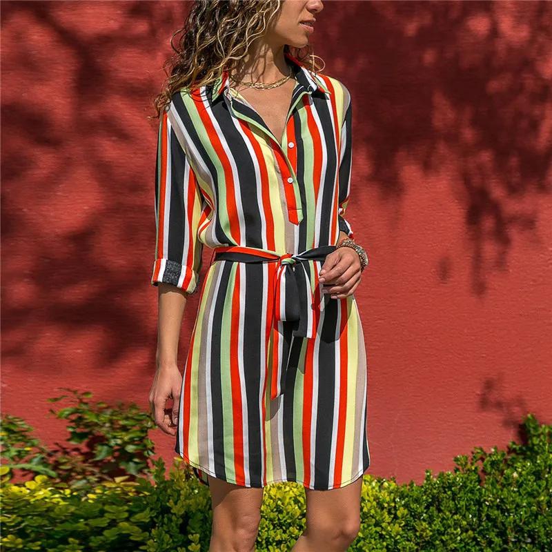 2021 High quality Long Sleeve Shirt Dress Summer Boho Beach Dresses Women Casual Striped Print A-line Mini
