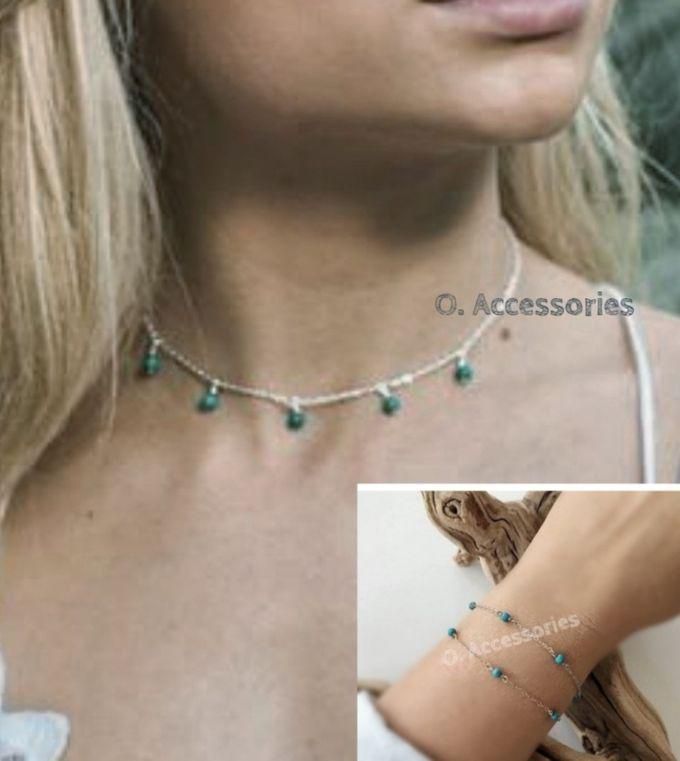 O Accessories Necklace +bracelet Silver Chains _turquoise Stones _ Bracelet Double