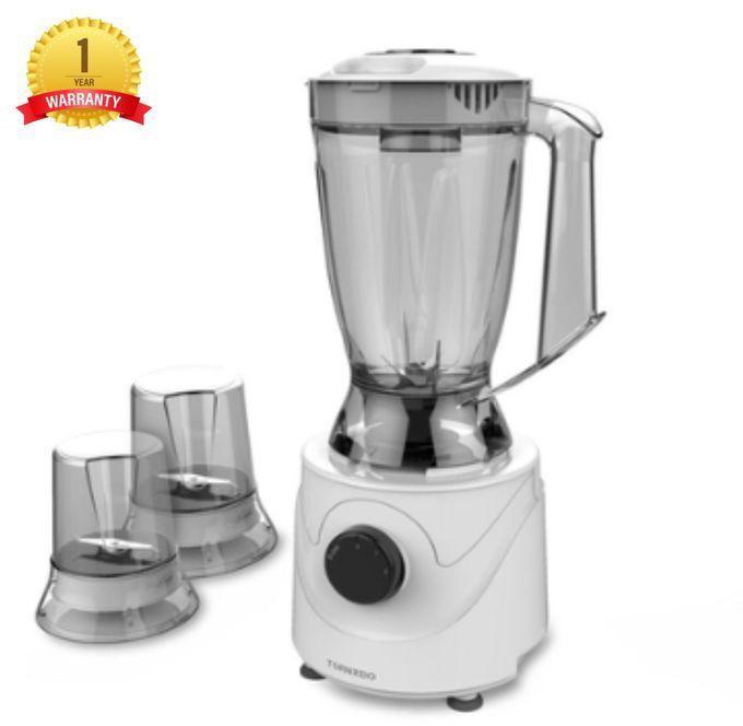 Tornado 3 in 1 Blender Electrical Pure Copper Motor 400W 1yr Warranty Made In Egypt with 1.5Lt Jug, Grinder and Mixer - White
