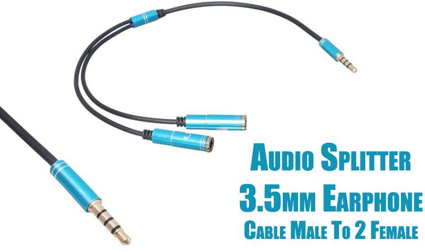 Keendex Audio Splitter 3.5mm Earphone Cable Male To 2 Female M/2F - Black/Blue