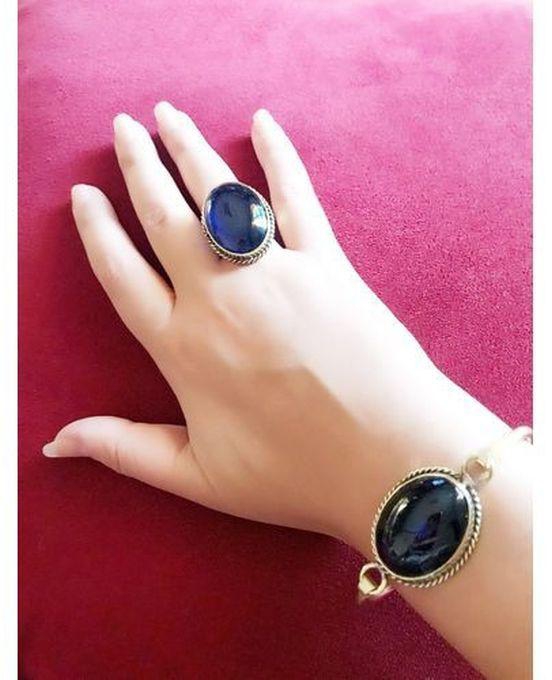 Handmade 2 Pcs Bracelet And Ring Navy Blue Gemstone Gold Jewelry - Set Women
