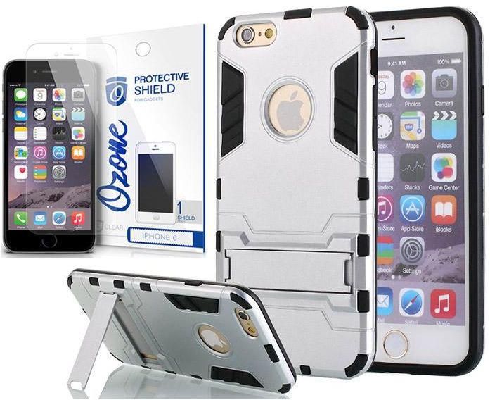 Ozone Snap on PC TPU Hybrid Kickstand Case w/ Screen Protector for Apple iPhone 6/6S Silver