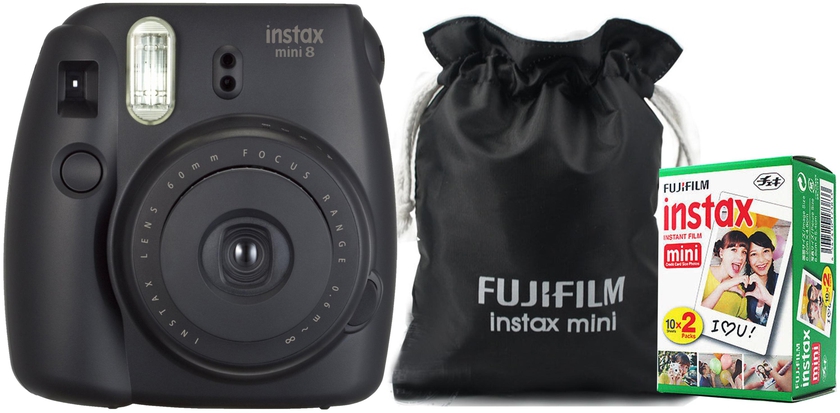 Fujifilm Instax Mini 8 Instant Film Camera Black with Black Pouch and 20 Film Sheet