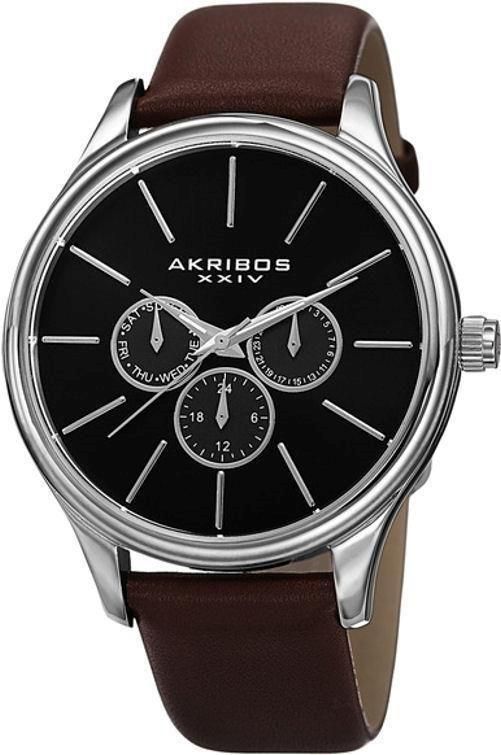 Akribos XXIV Men's Black Dial Leather Band Watch - AK870BR