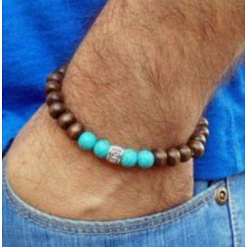 O Accessories Bracelet Of Brown Wood &blue Turquoise