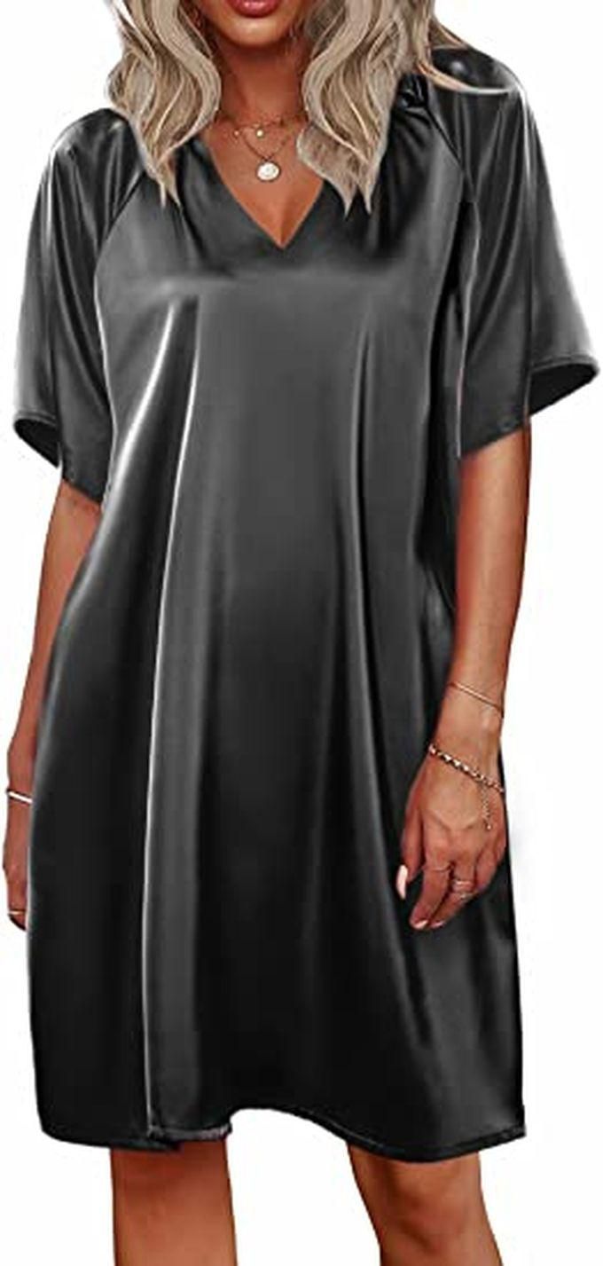 ROV D'Clothier Women's Dress Short Sleeve Satin Silk Gown V-neck Blouse Loose Fit Shirt- Black