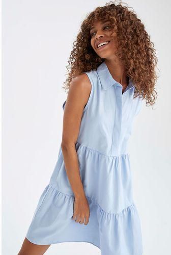 Defacto Woman Regular Fit Shirt Neck Strappy Short Sleeve Woven Dress - Blue