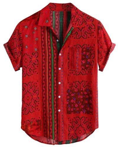 Mens Vintage Ethnic Printed Turn Down Collar Short Sleeve Loose Shirts - size L