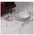 Silver Open Bangle Bracelet with Interwoven Frontal Design, CZ Diamond Bracelet with Finger Ring Size 17- Silver