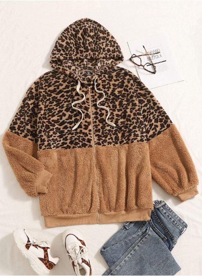 SHEIN Plus Leopard Pattern Drop Shoulder Drawstring Hooded Teddy Jacket