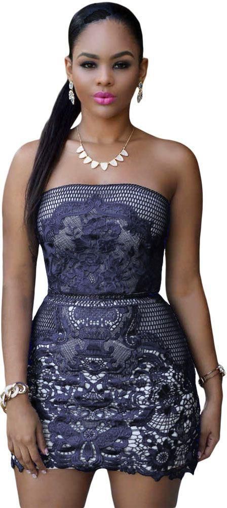 Dark Blue Strapless Mesh And Placed Lace Mini Dress