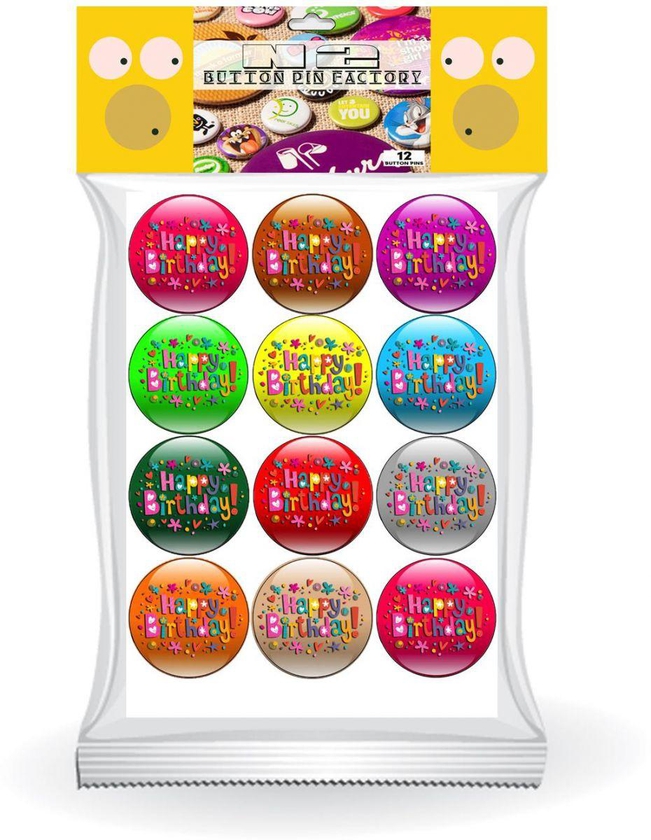 N 2 Multi Color Happy Birthday Pin Button For Unisex - Pack 12 Pin