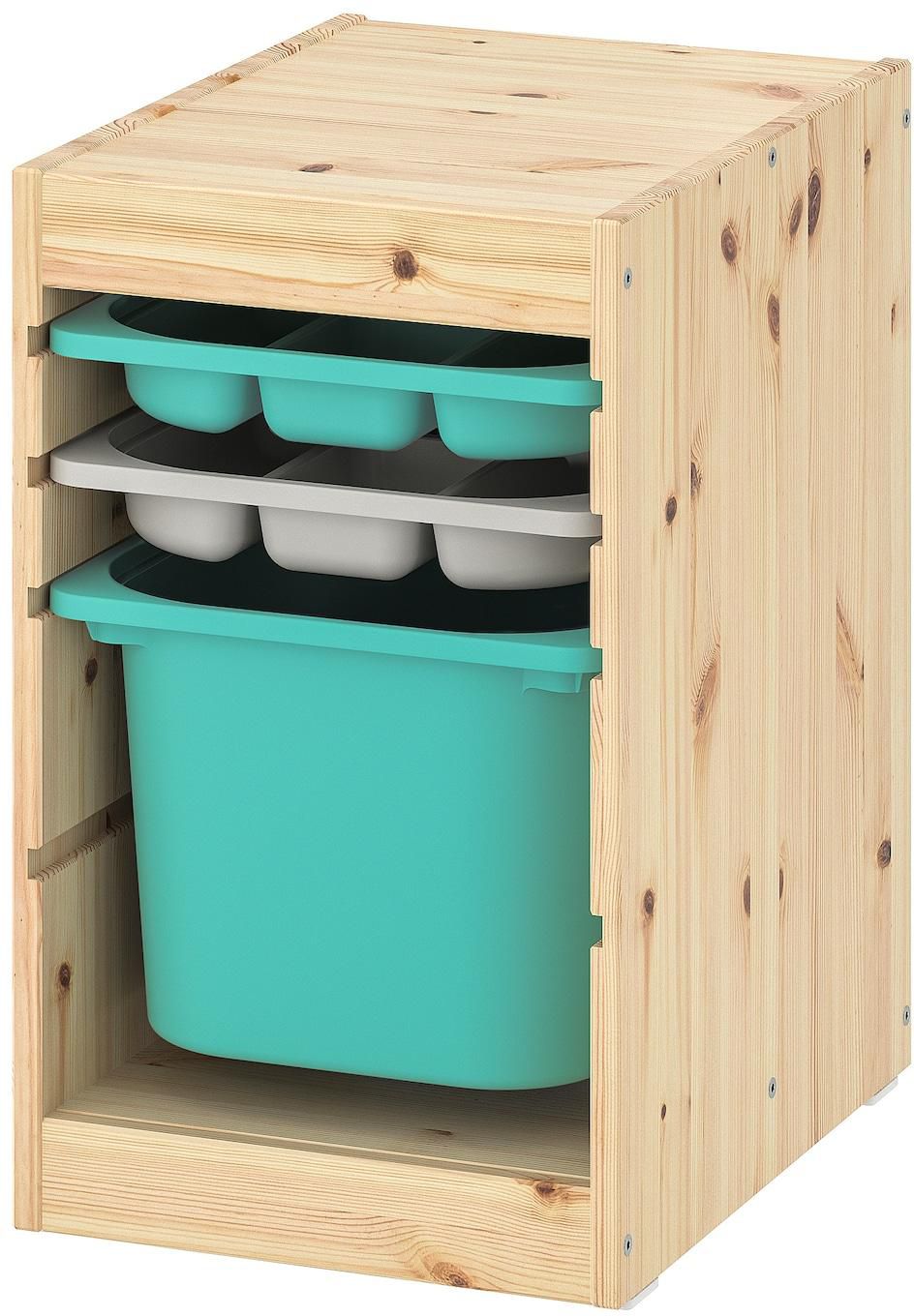 TROFAST Storage combination with box/trays - light white stained pine turquoise/grey 32x44x52 cm