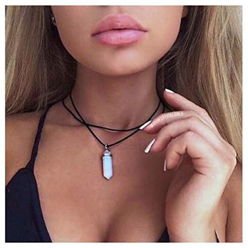 TseanYi Hexagonal Moonstone Pendant Necklace Black Layered Suede Necklaces Choker Short Black Gothic Necklaces Jewelry for Women and Girls