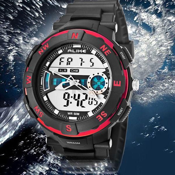 ALIKE 3758 Male LED Sports Watch Double Movement Alarm Day Date Stopwatch Function Waterproof-Red