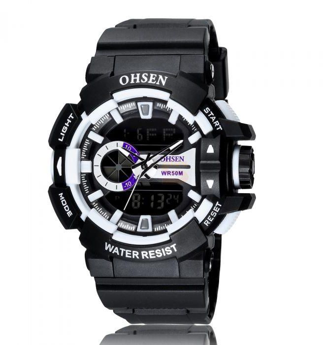OHSEN AD1505 LED Sports Watch Water Resistance Dual Movt Alarm Day Date Function White