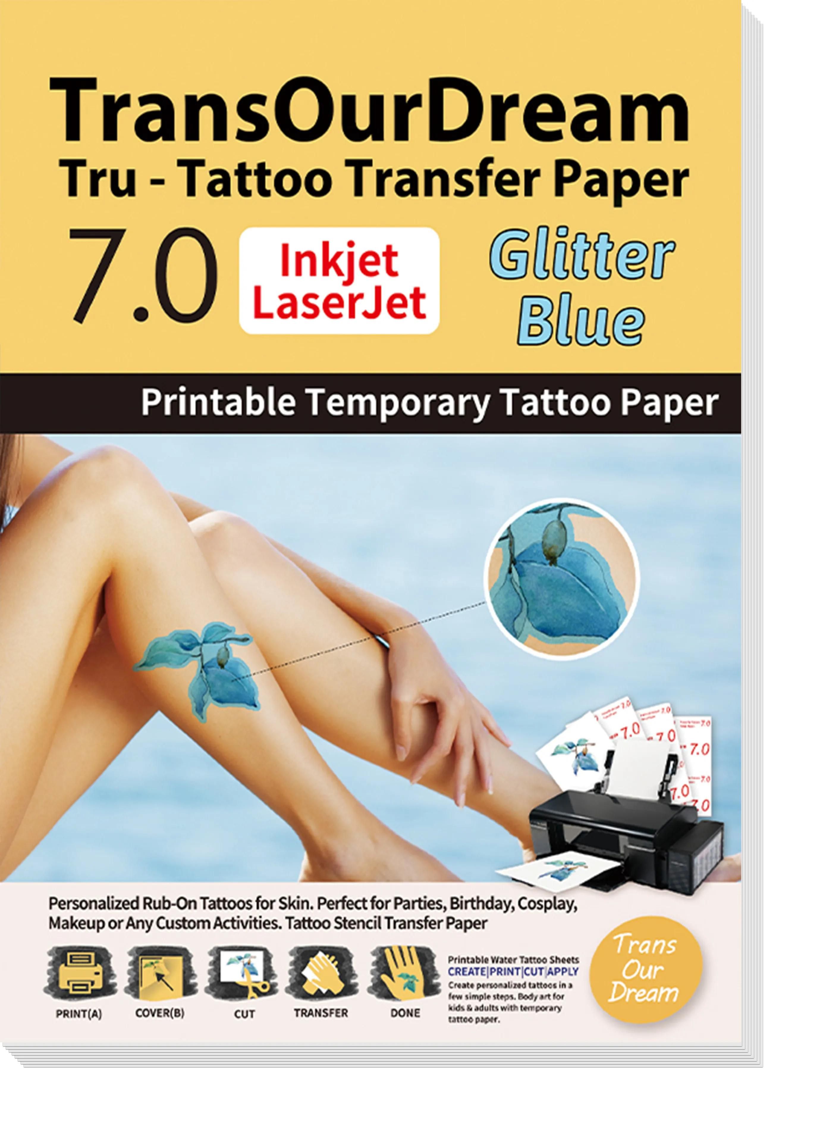 TransOurDream Printable Temporary Tattoo Transfer Paper for Inkjet & Laser Printer (A+B per Set, 5 Sets, A4 size) Glitter Blue DIY Personalized Waterproof Temporary Tattoos for Ski