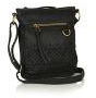 Black Faux Leather Crossbody Bag Tonal Embroidery D Ring Zipper Pocket Purse