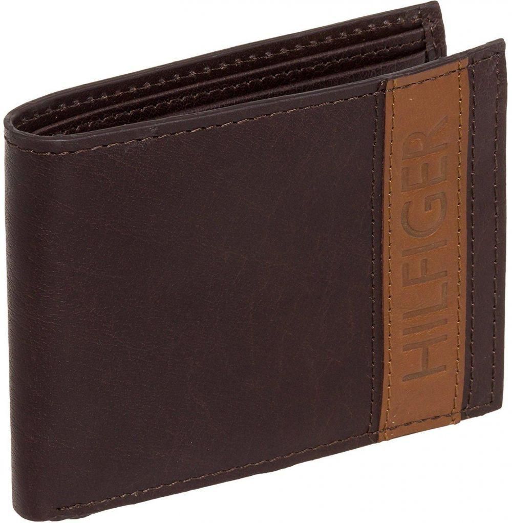 Tommy Hilfiger Men's Leather Stripe Bifold Billfold Wallet Brown
